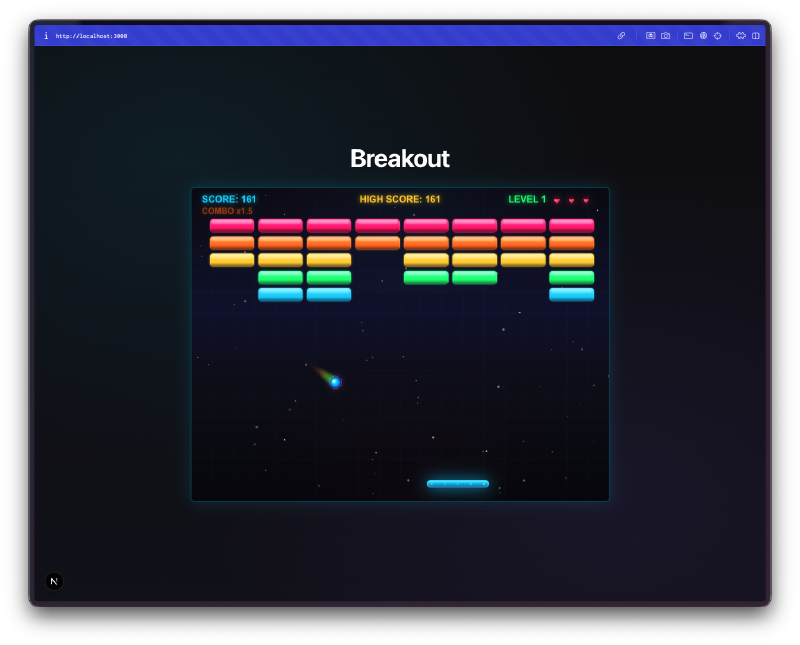 Mid-game with ball trail and bricks breaking
