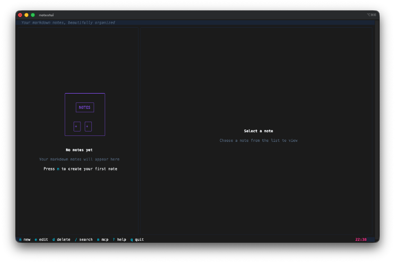NotesTUI empty state with welcome screen
