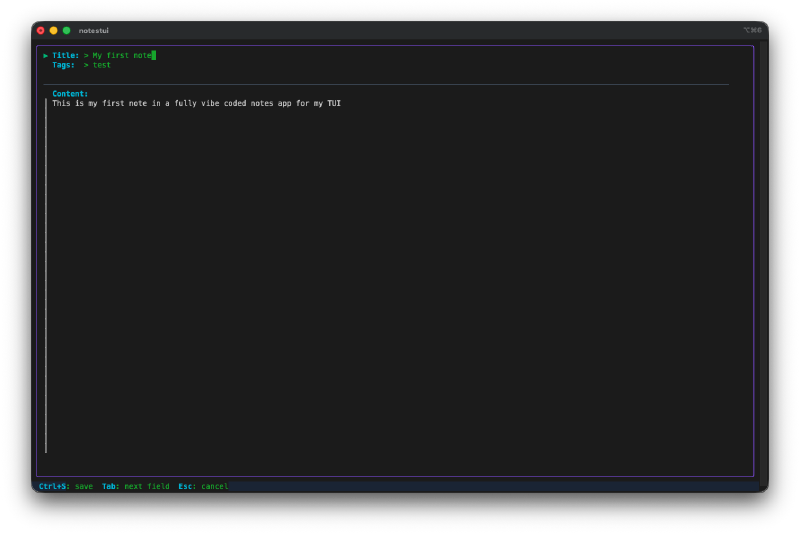 Creating a new note with title, tags, and content