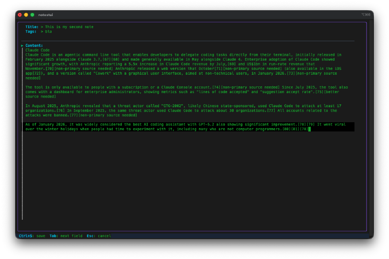 Editing a longer note with markdown content