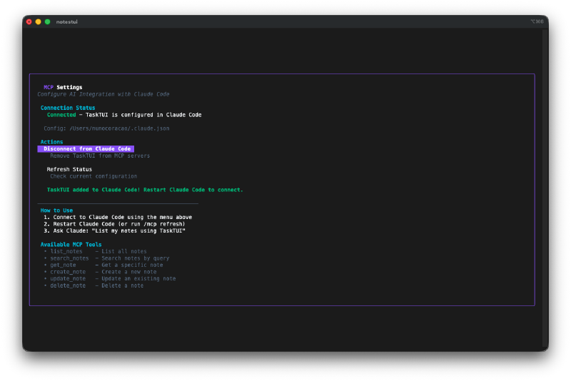 MCP settings screen - connected to Claude Code