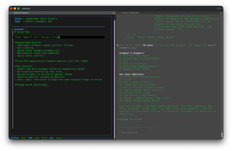 Side-by-side NotesTUI and Claude Code