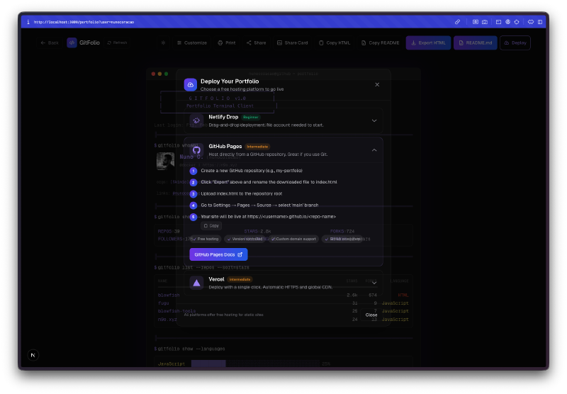 Deploy modal - GitHub Pages