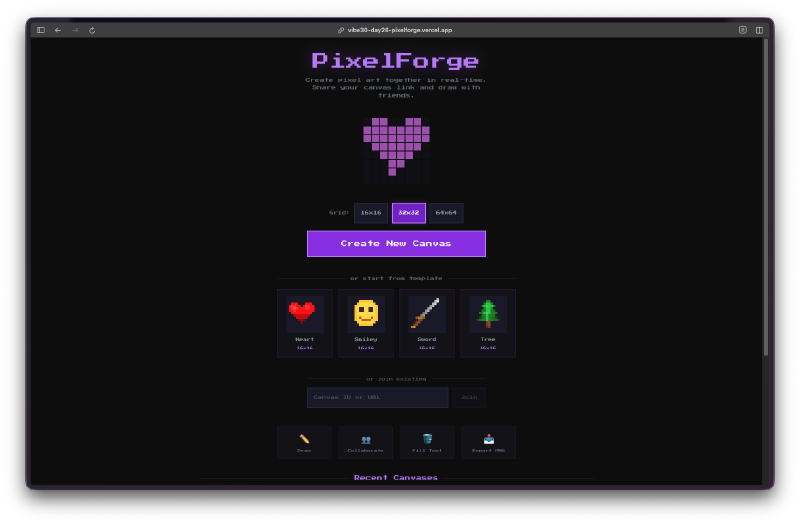 PixelForge home page with templates and recent canvases