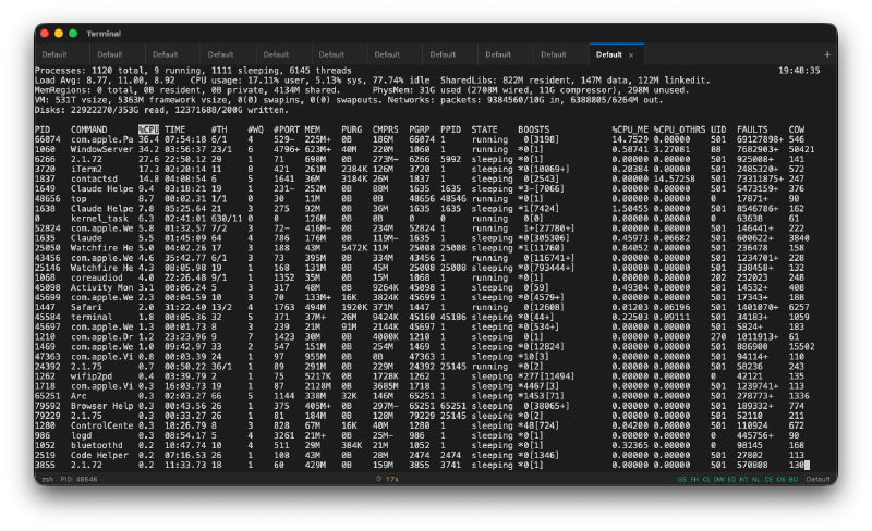 Running htop with multiple tabs