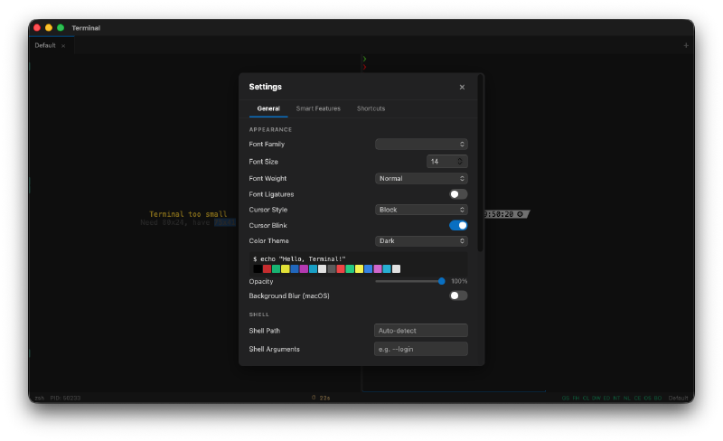 Settings panel