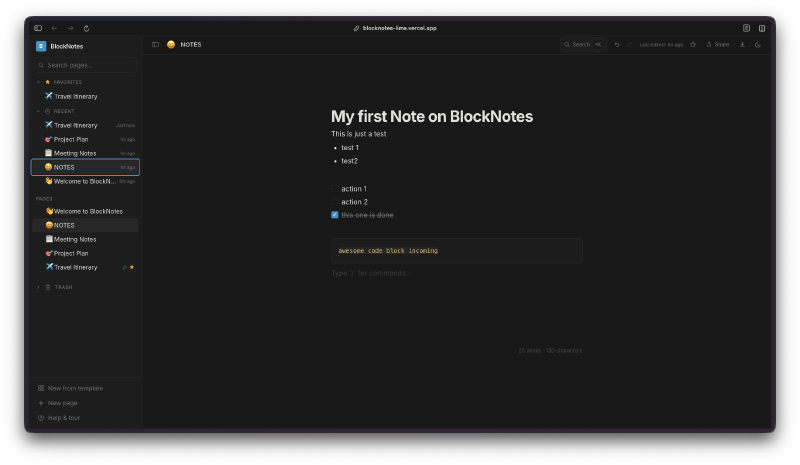 Editor with notes, lists, task items, and code blocks