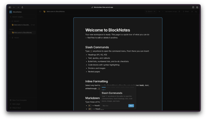 Welcome page with sidebar navigation and feature overview