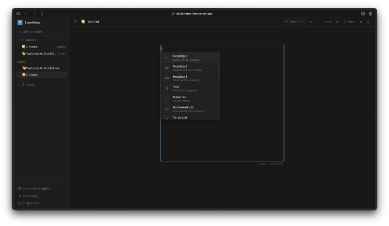 Slash command menu with block type options