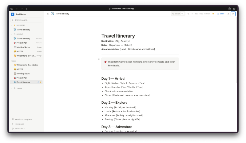 Travel itinerary template in light mode