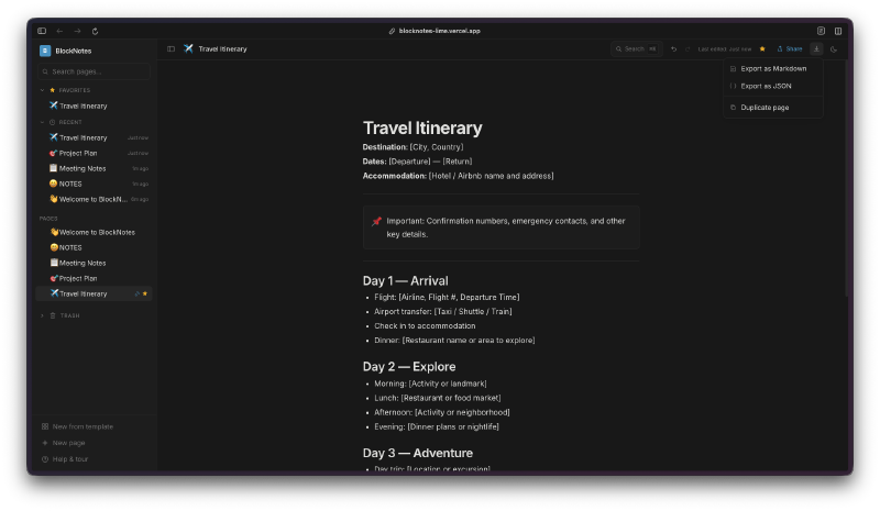 Export options including Markdown and JSON