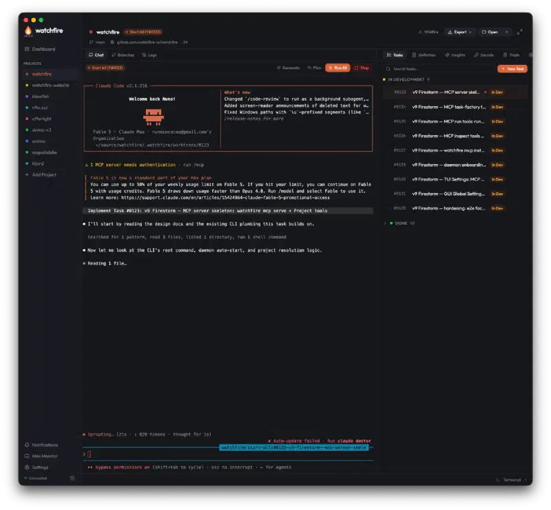 Watchfire's own project window with the v9 task queue in development