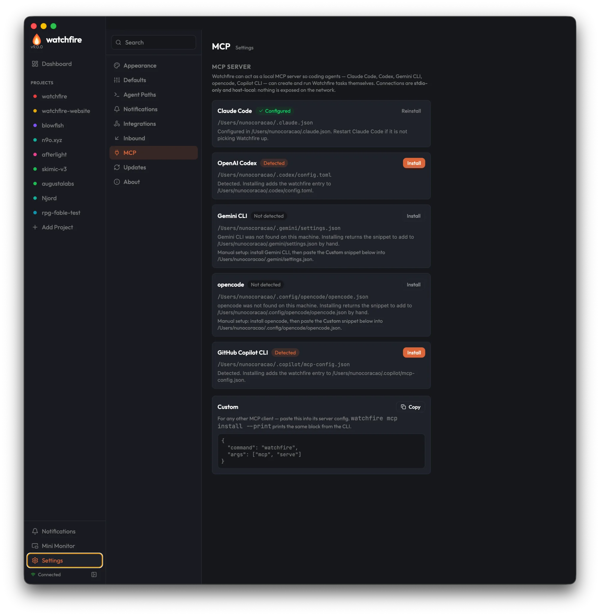 エージェントごとのワンクリックインストールが並ぶSettings → MCPページ