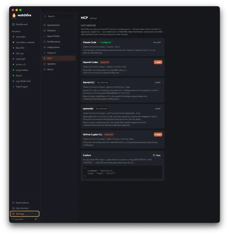 The Settings → MCP page with one-click installs per agent