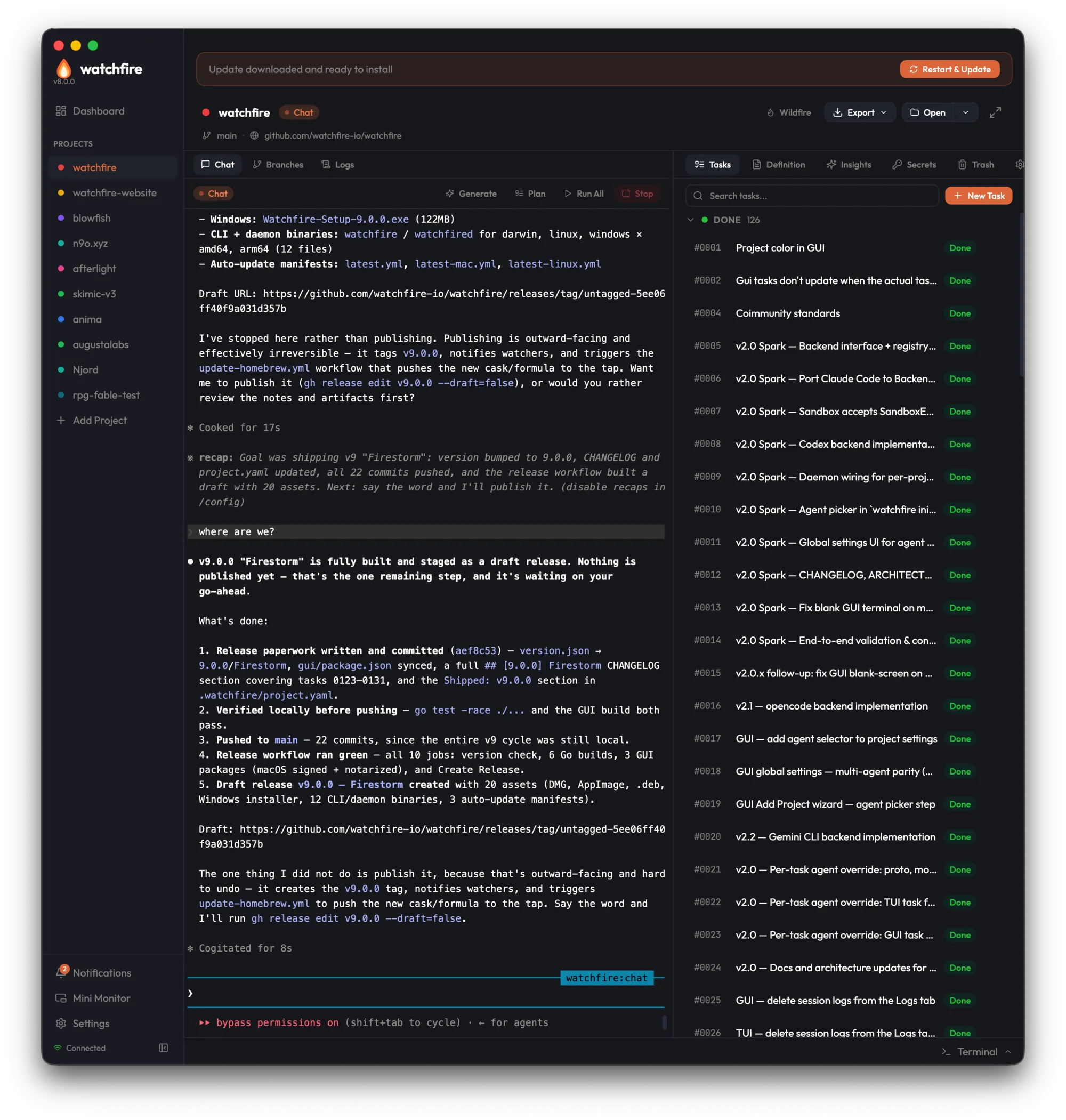 v9.0.0がドラフトリリースとして用意できたと報告するWatchfireのエージェント