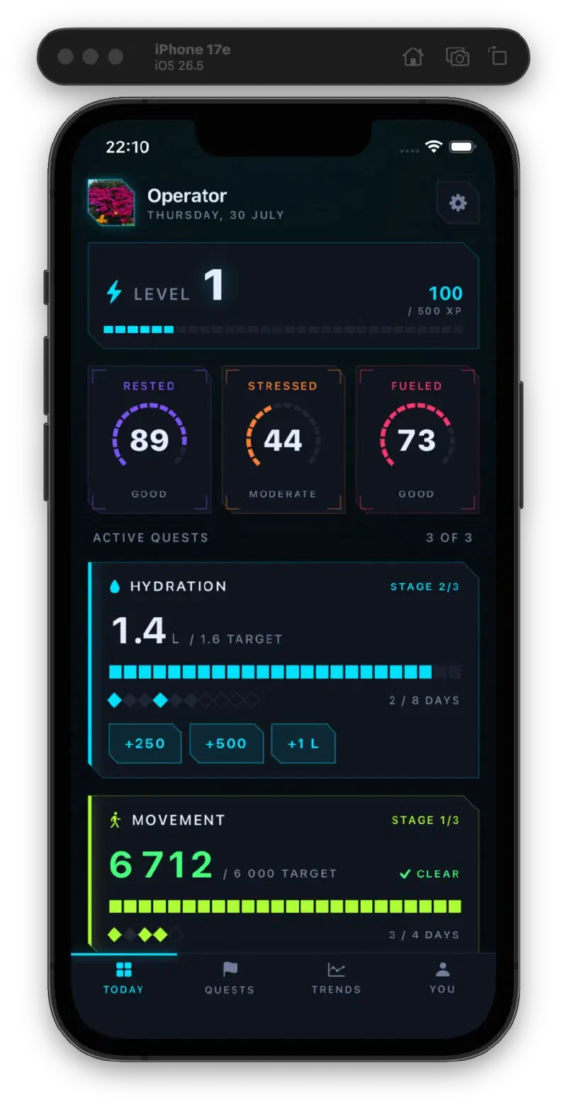 The FitQuest today screen on iOS