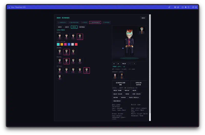 The Neon Fable character creation appearance step
