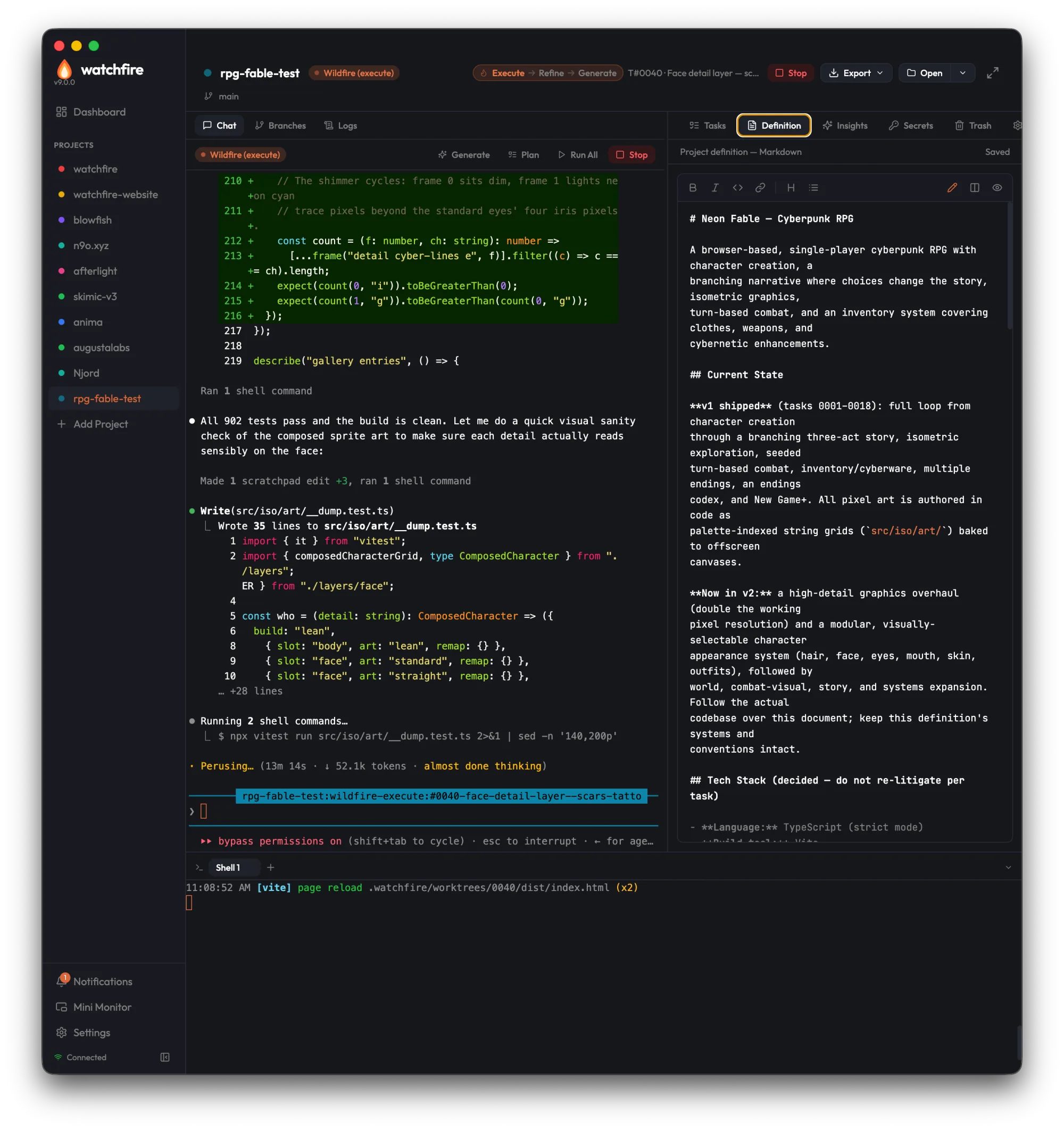Neon Fableのプロジェクト定義を開いたままWildfireが実行中