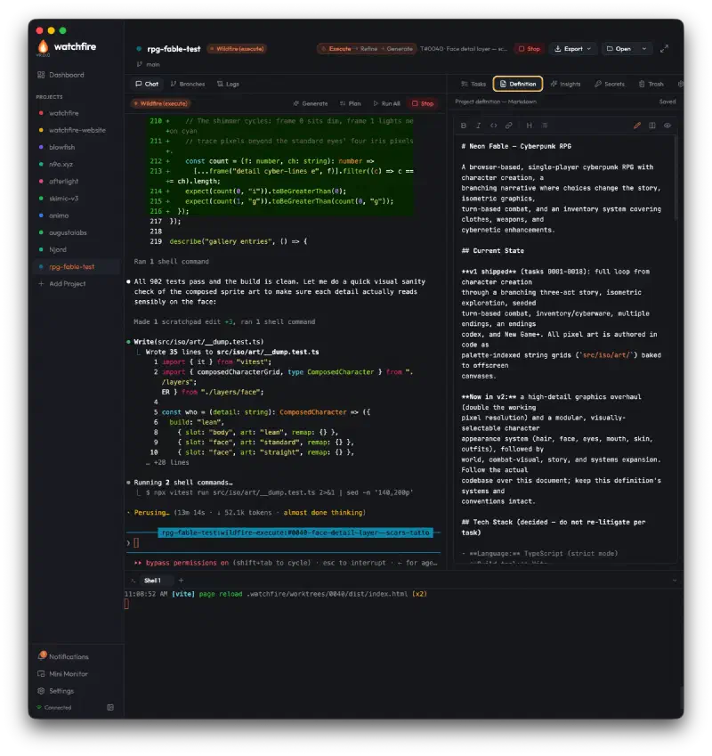 Wildfire running with the Neon Fable project definition open