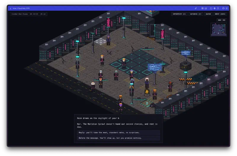 Isometric gameplay in Cinder Row Plaza