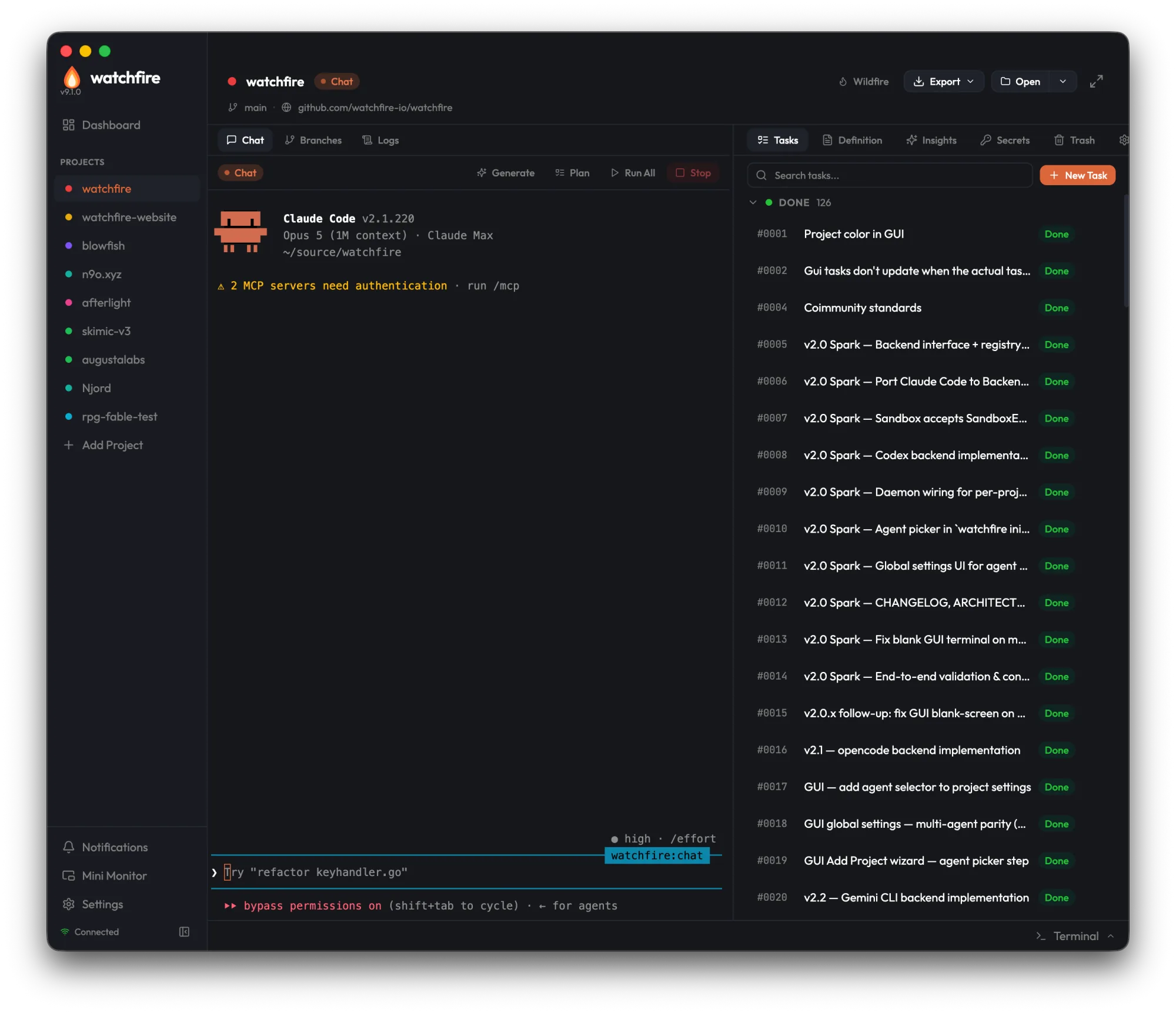 左にエージェントのストリーム、右にタスクキューを配したWatchfireのプロジェクトウィンドウ