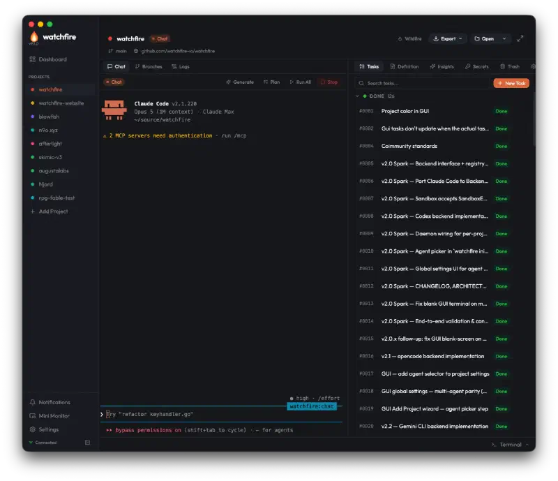 A Watchfire project window with the agent stream on the left and the task queue on the right