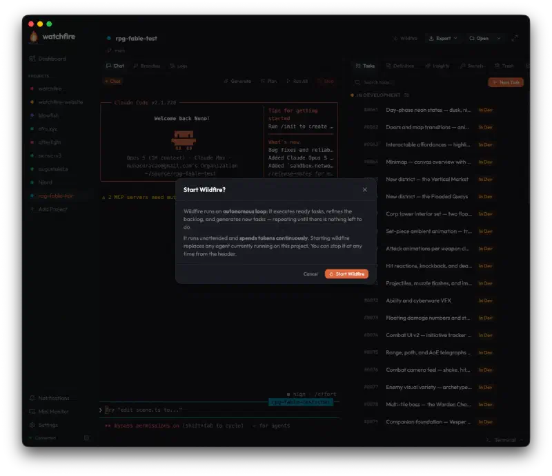 The Start Wildfire confirmation modal