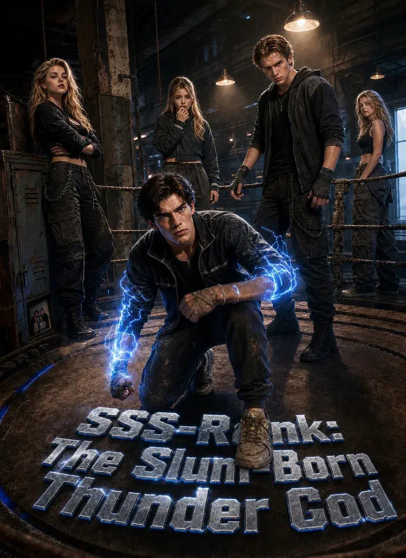 Poster for SSS-Rank: The Slum-Born Thunder God. A young man crouches in a boxing ring with blue lightning around his fists. Behind him stand three near-identical blonde women and a scowling man in a hoodie. The title is stamped into the floor in metal letters.